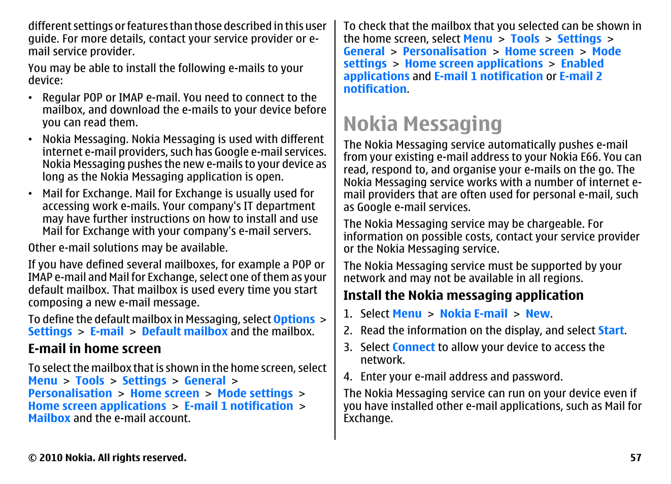 Nokia messaging | Nokia E66 User Manual | Page 57 / 150