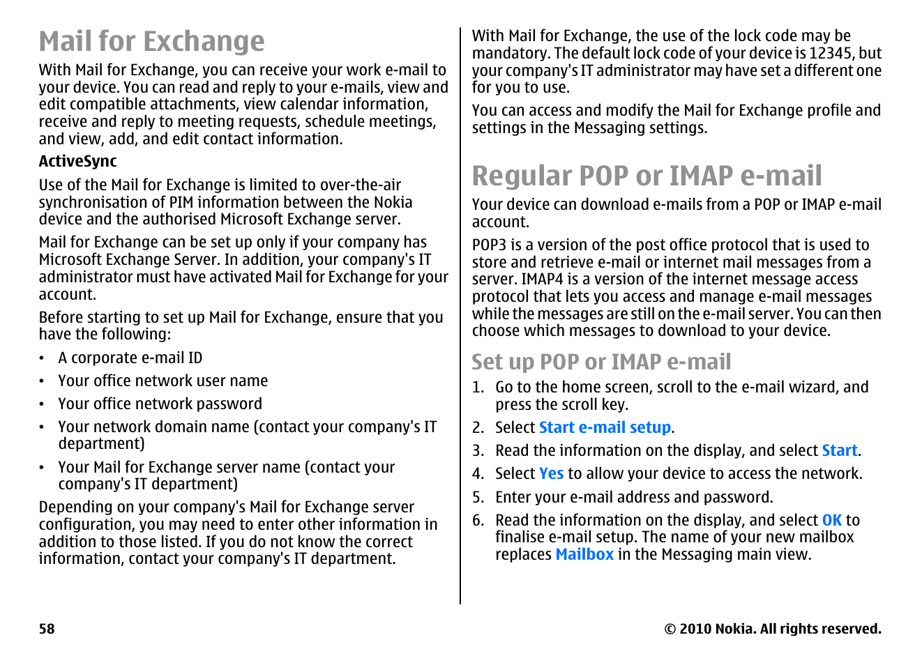 Mail for exchange, Regular pop or imap e-mail, Set up pop or imap e-mail | Nokia E66 User Manual | Page 58 / 150