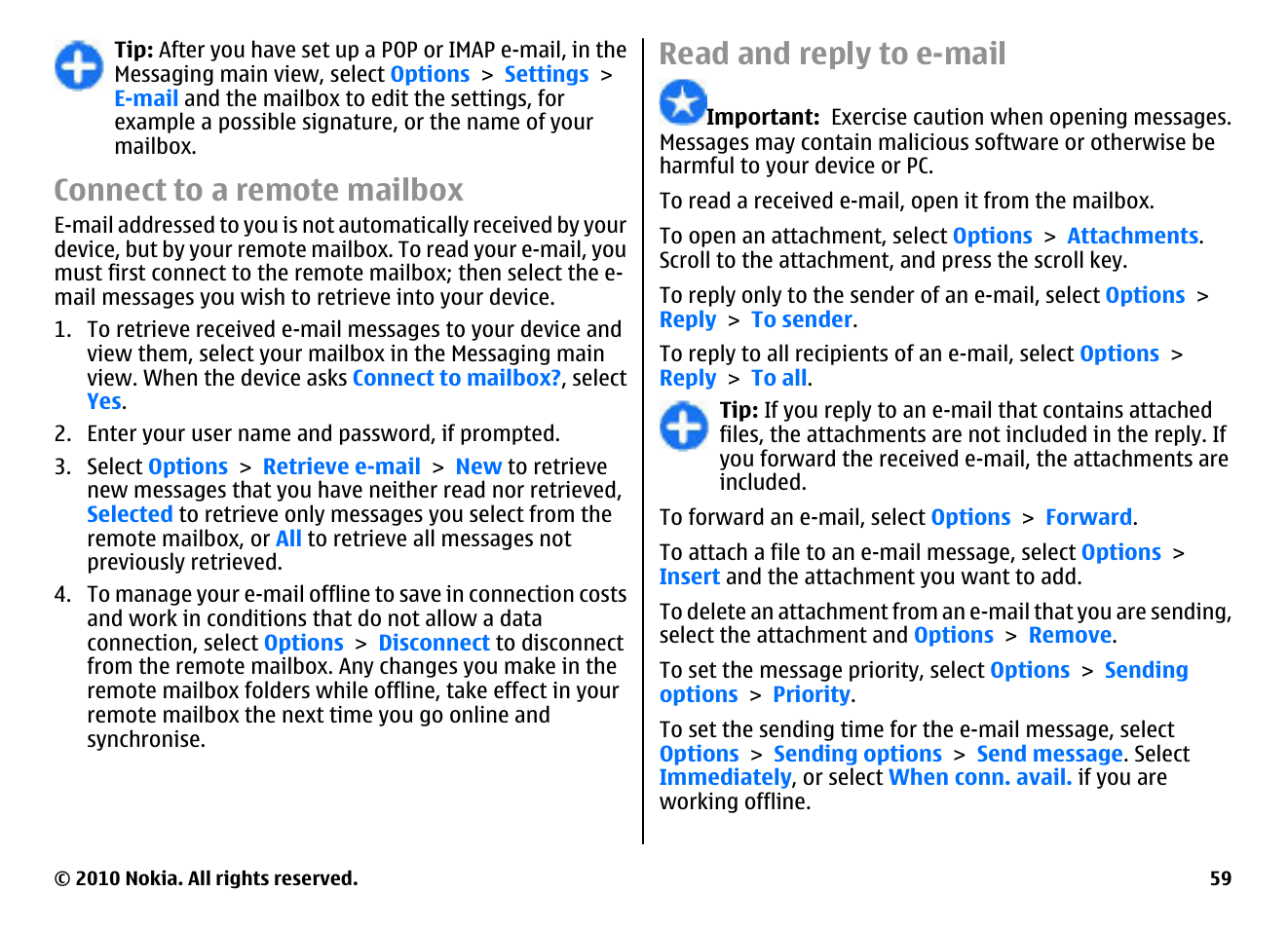 Connect to a remote mailbox, Read and reply to e-mail | Nokia E66 User Manual | Page 59 / 150