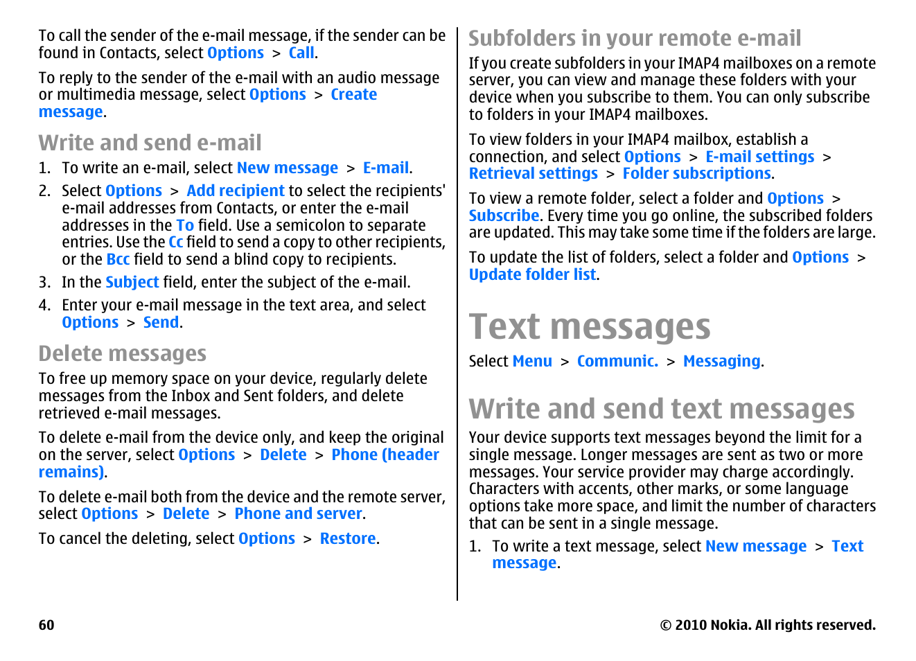Write and send e-mail, Delete messages, Subfolders in your remote e-mail | Text messages, Write and send text messages | Nokia E66 User Manual | Page 60 / 150