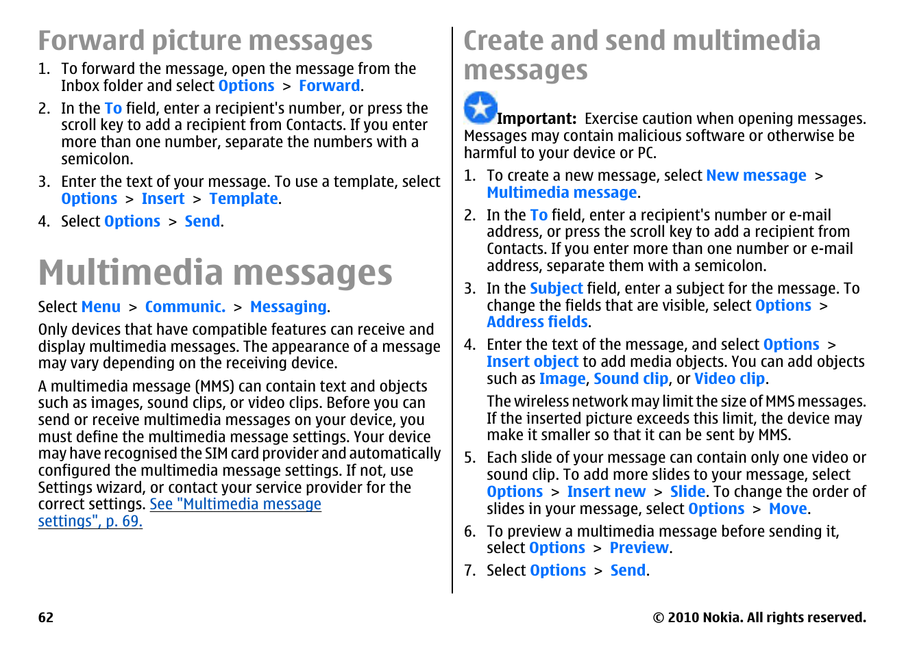 Forward picture messages, Multimedia messages, Create and send multimedia messages | Nokia E66 User Manual | Page 62 / 150