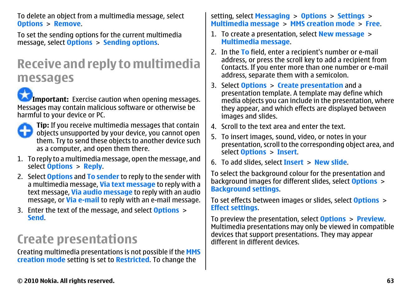 Receive and reply to multimedia messages, Create presentations | Nokia E66 User Manual | Page 63 / 150