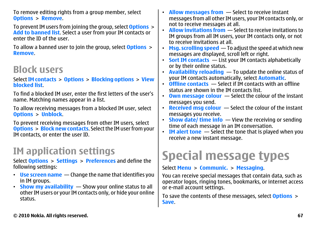 Block users, Im application settings, Special message types | Nokia E66 User Manual | Page 67 / 150