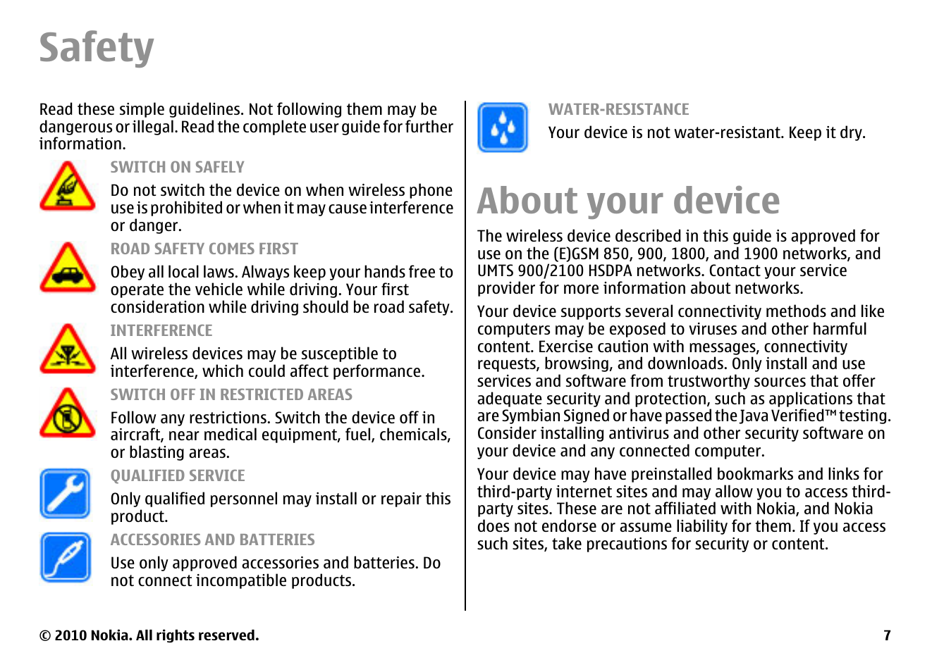 Safety, About your device | Nokia E66 User Manual | Page 7 / 150