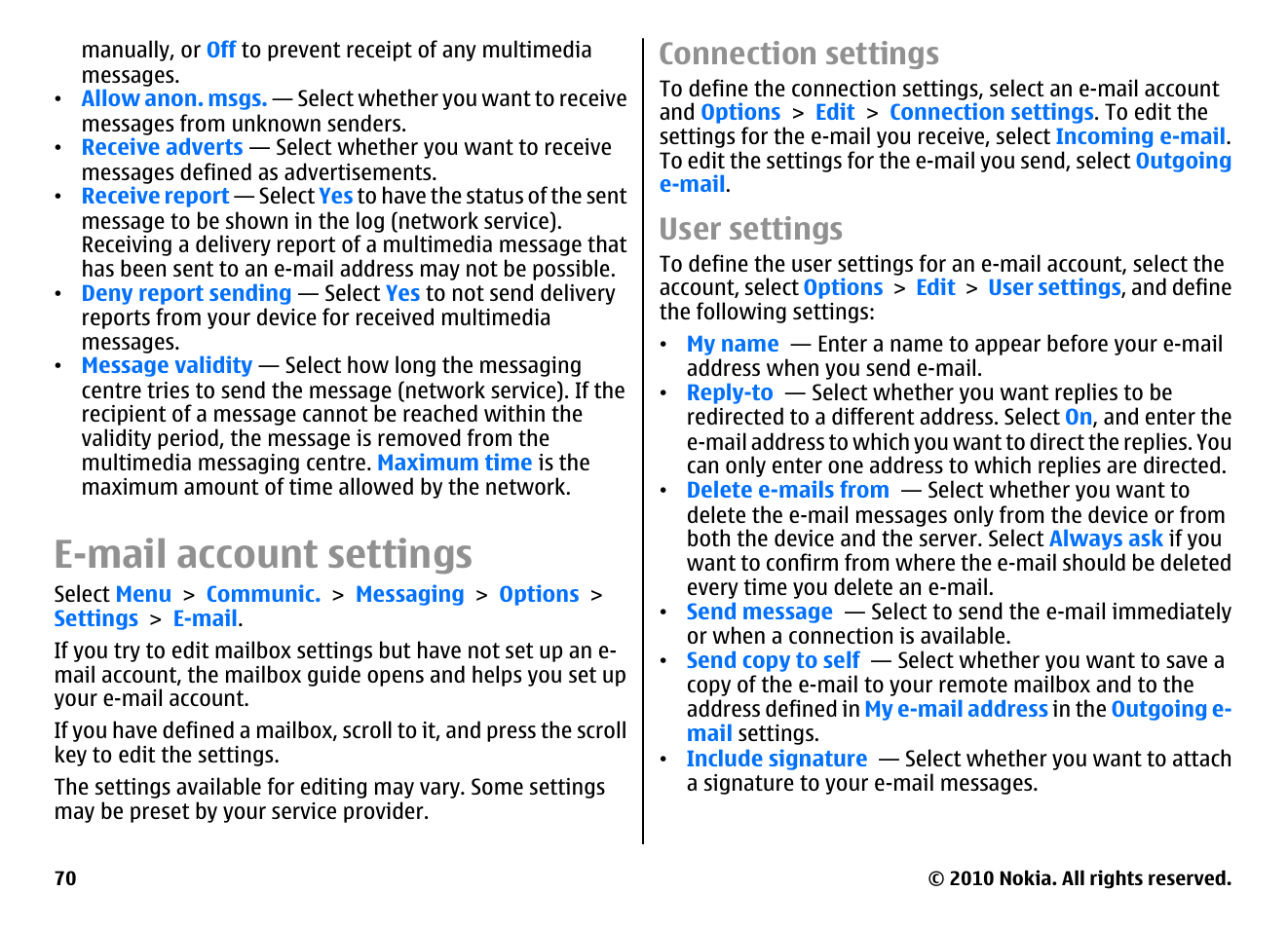 E-mail account settings, Connection settings, User settings | See "e, Mail account settings", p. 70 | Nokia E66 User Manual | Page 70 / 150