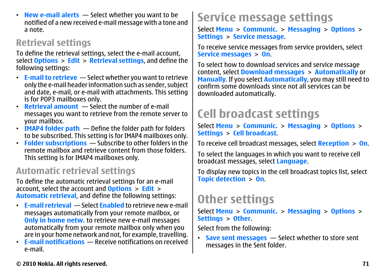 Retrieval settings, Automatic retrieval settings, Service message settings | Cell broadcast settings, Other settings | Nokia E66 User Manual | Page 71 / 150