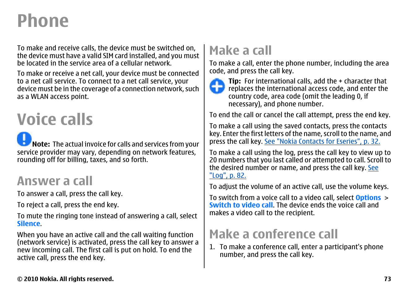 Phone, Voice calls, Answer a call | Make a call, Make a conference call | Nokia E66 User Manual | Page 73 / 150