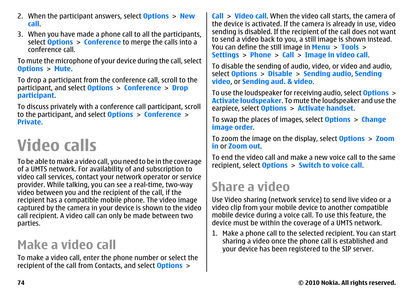 Video calls, Make a video call, Share a video | Nokia E66 User Manual | Page 74 / 150