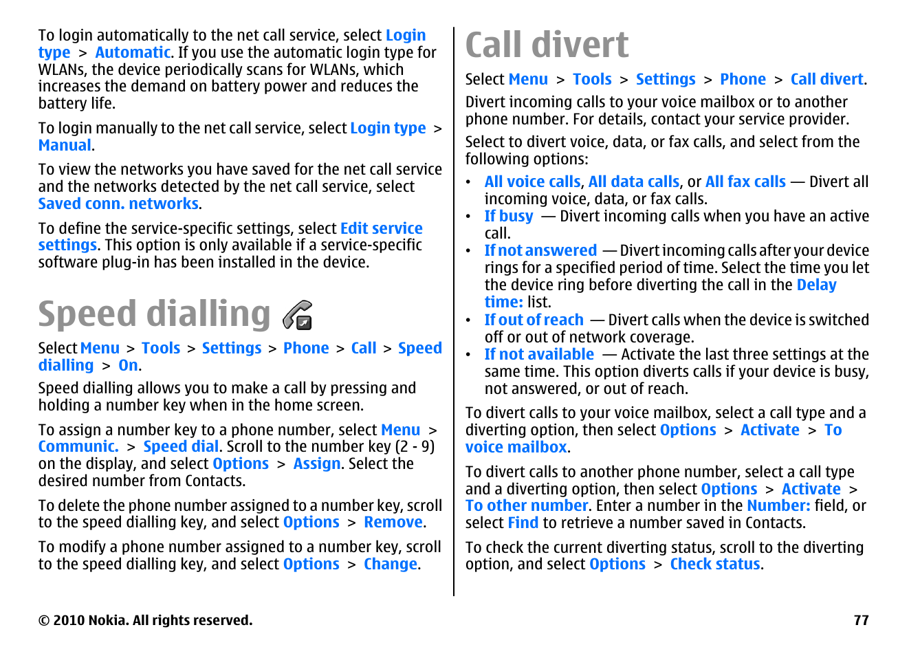 Speed dialling, Call divert | Nokia E66 User Manual | Page 77 / 150