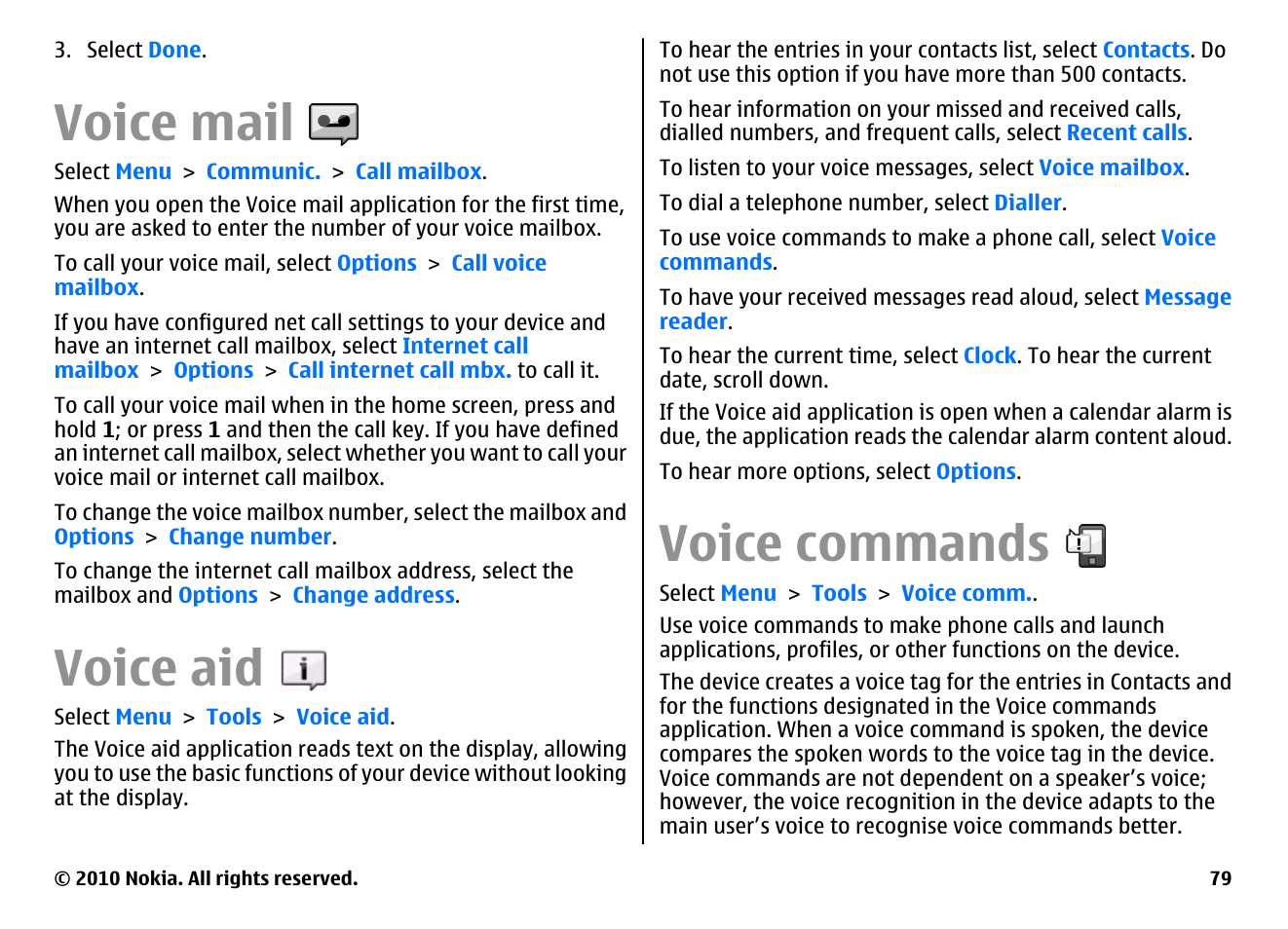 Voice mail, Voice aid, Voice commands | Nokia E66 User Manual | Page 79 / 150