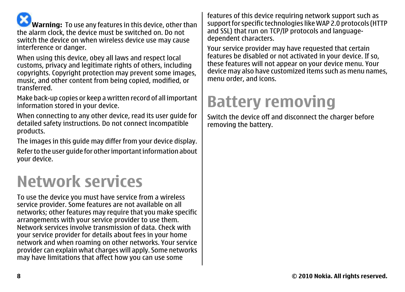 Network services, Battery removing | Nokia E66 User Manual | Page 8 / 150