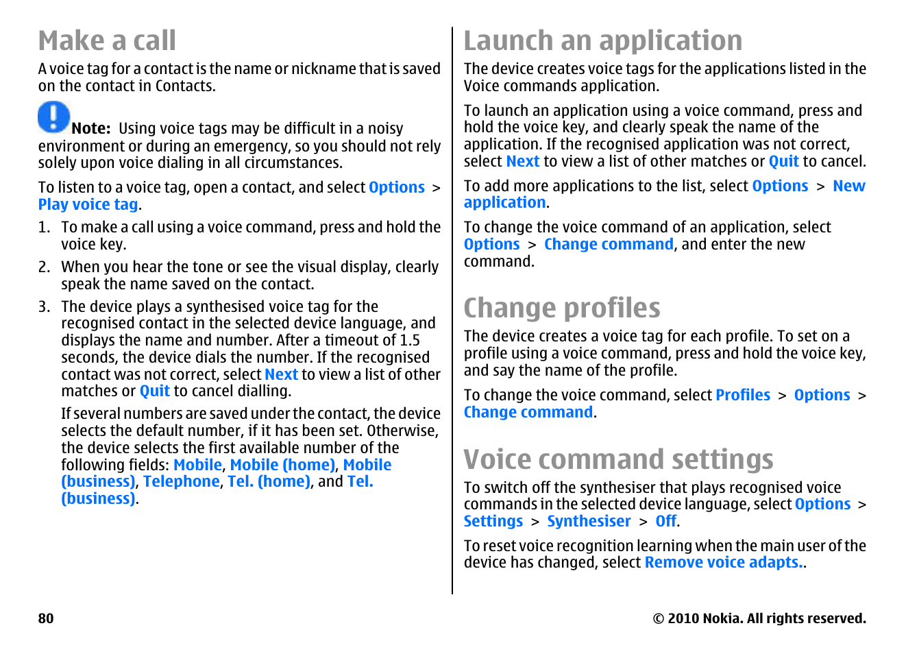 Make a call, Launch an application, Change profiles | Voice command settings | Nokia E66 User Manual | Page 80 / 150
