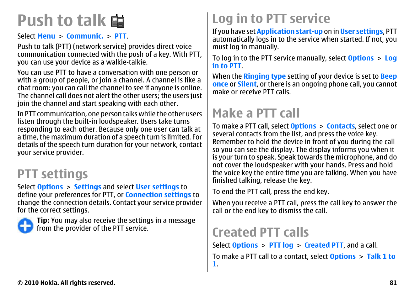 Push to talk, Ptt settings, Log in to ptt service | Make a ptt call, Created ptt calls | Nokia E66 User Manual | Page 81 / 150
