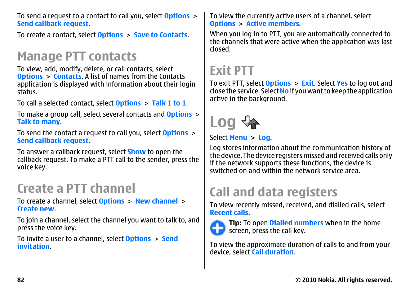 Manage ptt contacts, Create a ptt channel, Exit ptt | Call and data registers | Nokia E66 User Manual | Page 82 / 150