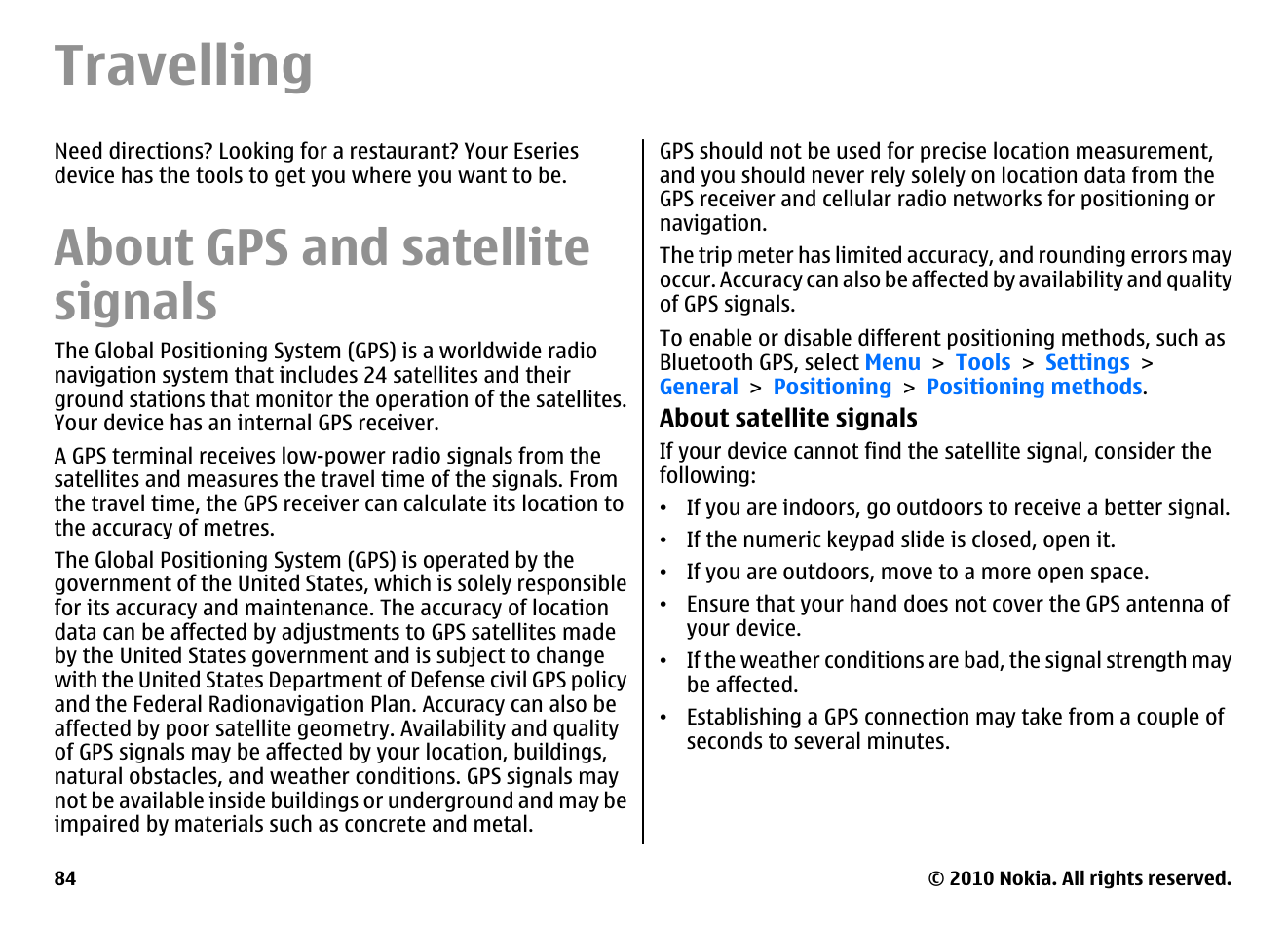 Travelling, About gps and satellite signals | Nokia E66 User Manual | Page 84 / 150