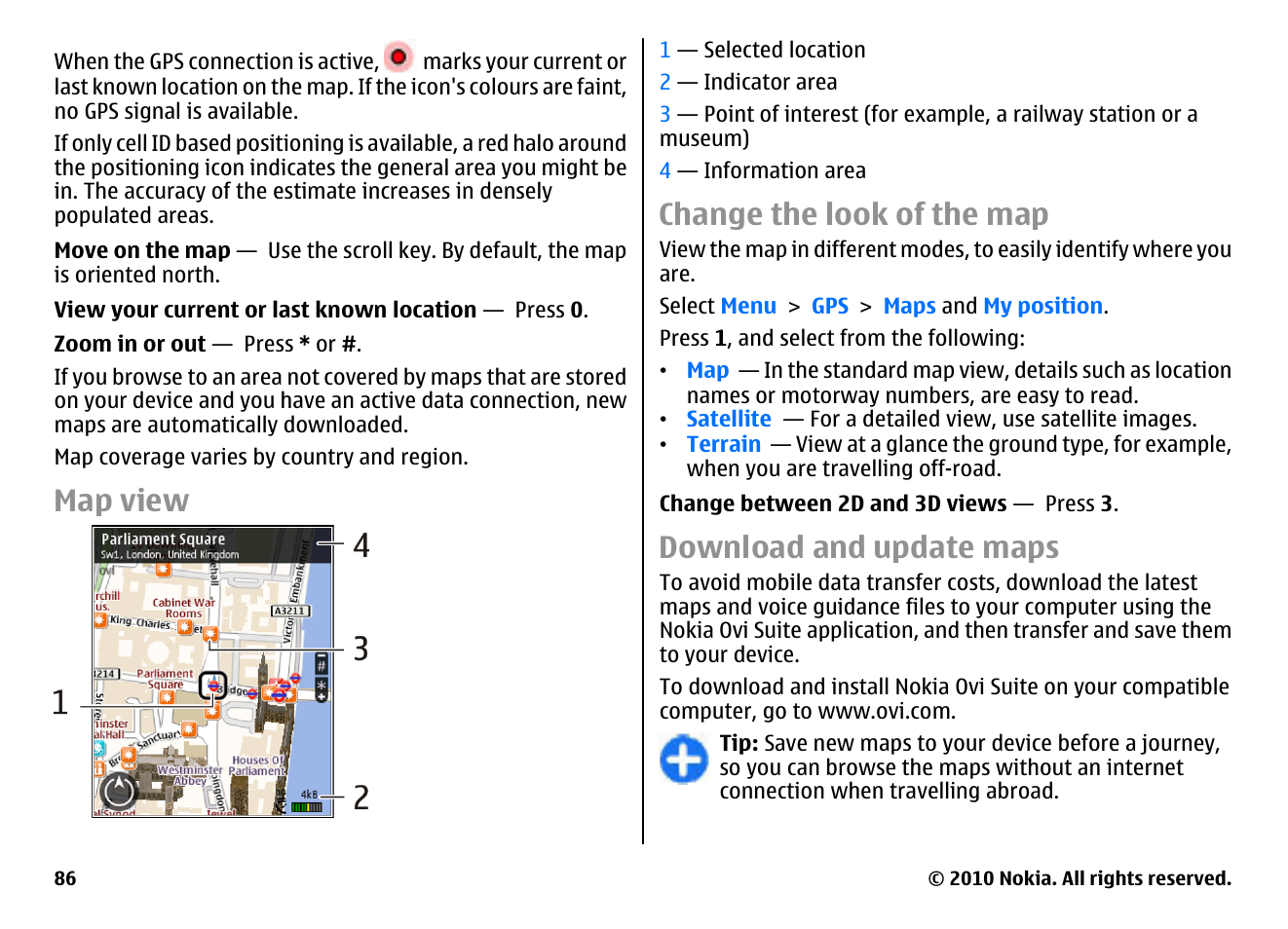 Map view, Change the look of the map, Download and update maps | Nokia E66 User Manual | Page 86 / 150