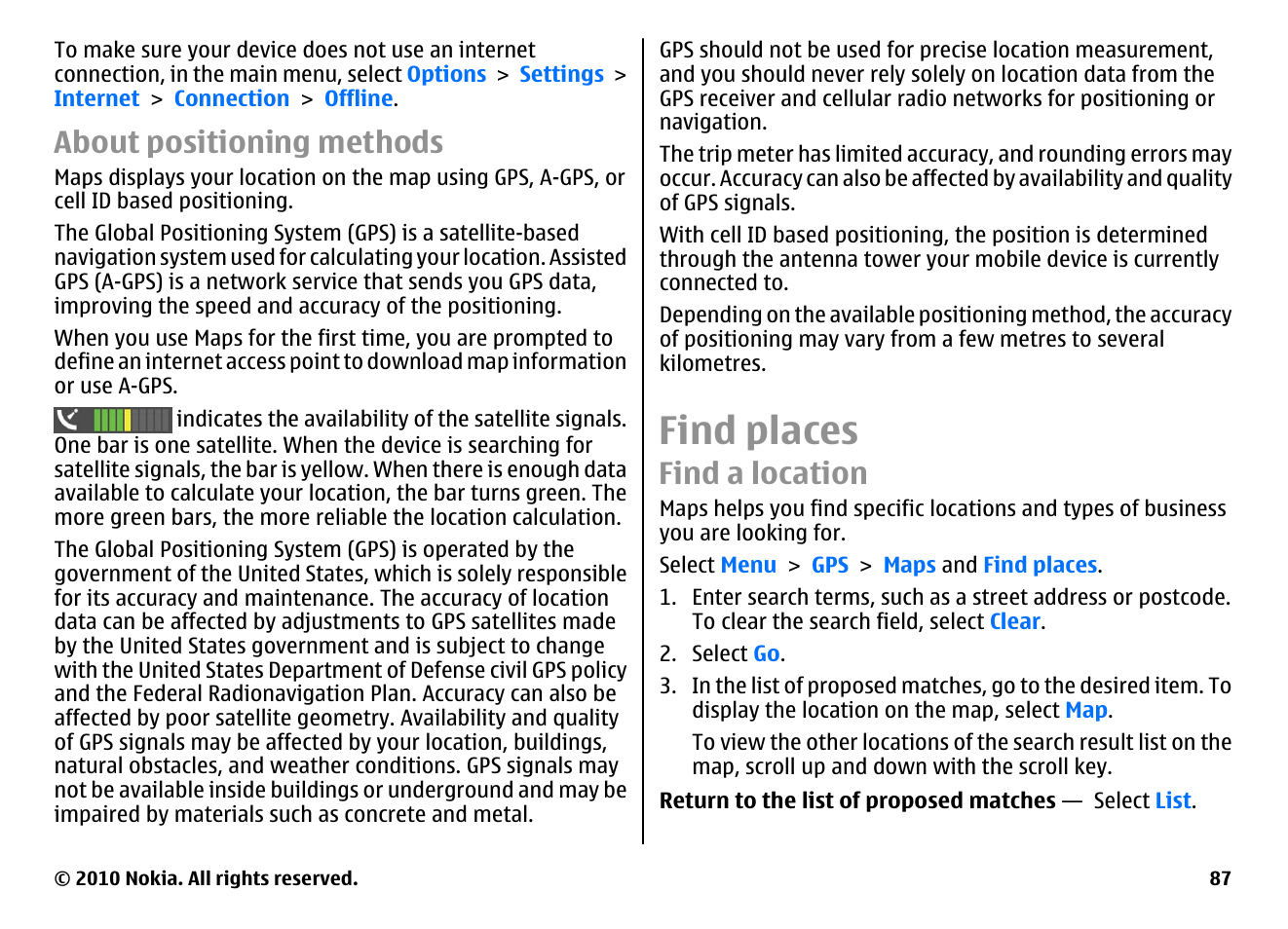 About positioning methods, Find places, Find a location | Nokia E66 User Manual | Page 87 / 150