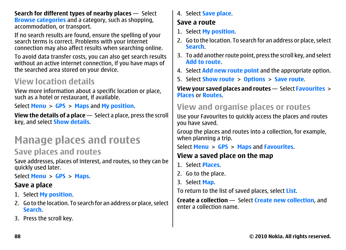 View location details, Manage places and routes, Save places and routes | View and organise places or routes | Nokia E66 User Manual | Page 88 / 150