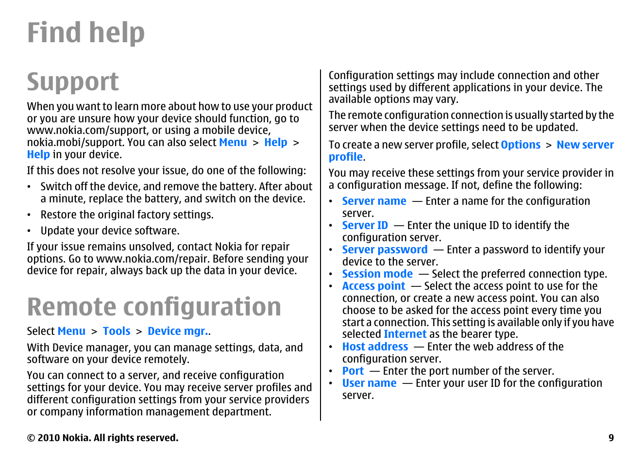 Find help, Support, Remote configuration | Nokia E66 User Manual | Page 9 / 150