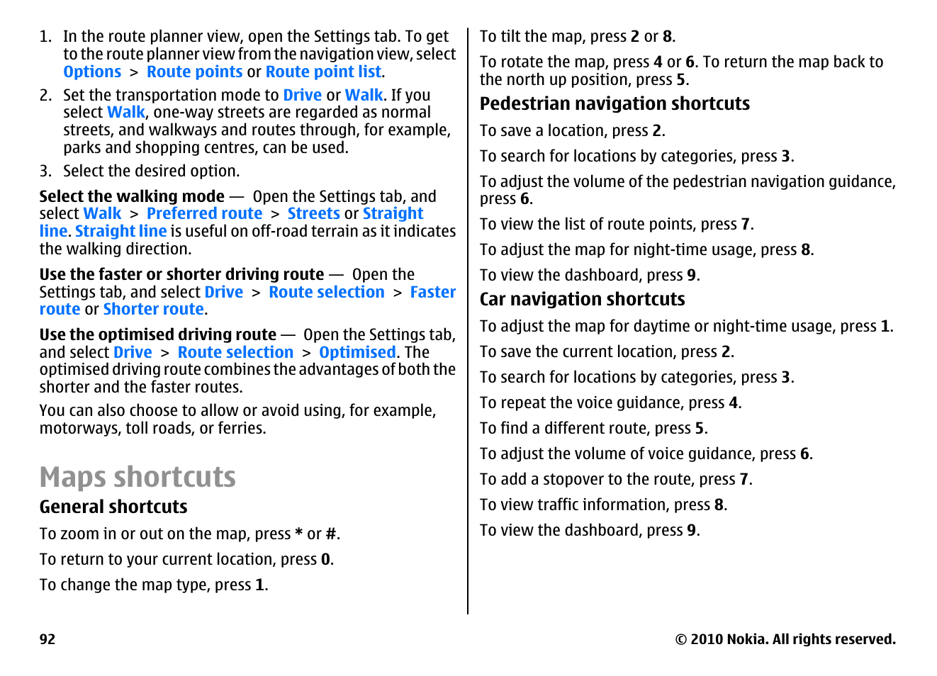 Maps shortcuts | Nokia E66 User Manual | Page 92 / 150