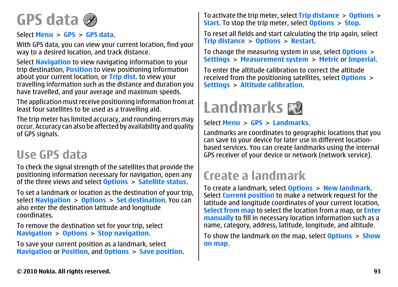 Gps data, Use gps data, Landmarks | Create a landmark | Nokia E66 User Manual | Page 93 / 150