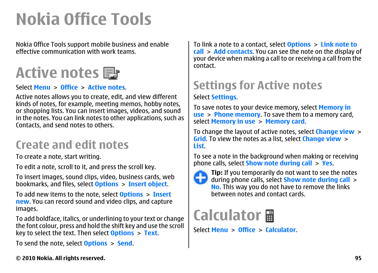 Nokia office tools, Active notes, Create and edit notes | Settings for active notes, Calculator | Nokia E66 User Manual | Page 95 / 150