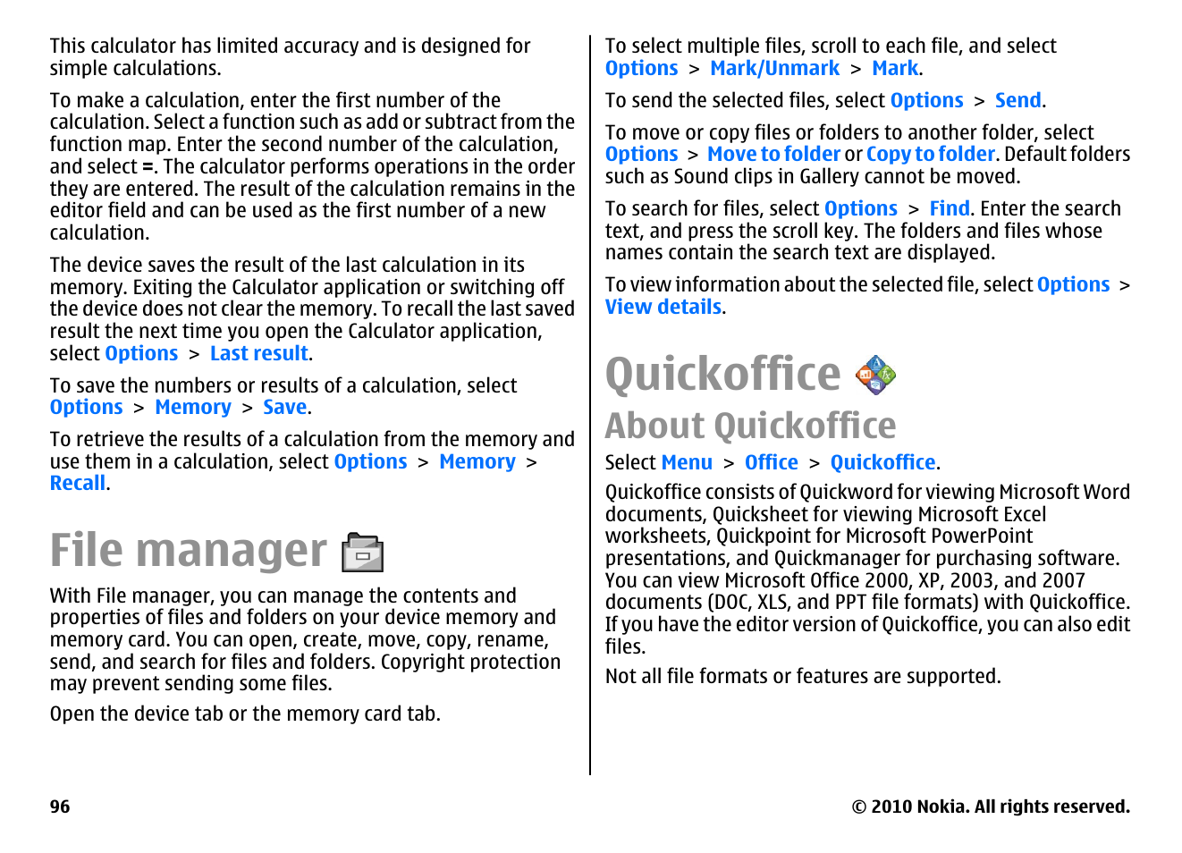 File manager, Quickoffice, About quickoffice | Nokia E66 User Manual | Page 96 / 150