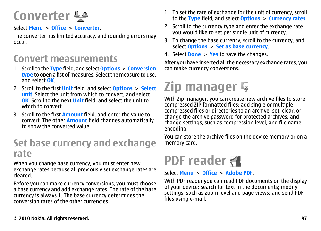 Converter, Convert measurements, Set base currency and exchange rate | Zip manager, Pdf reader | Nokia E66 User Manual | Page 97 / 150