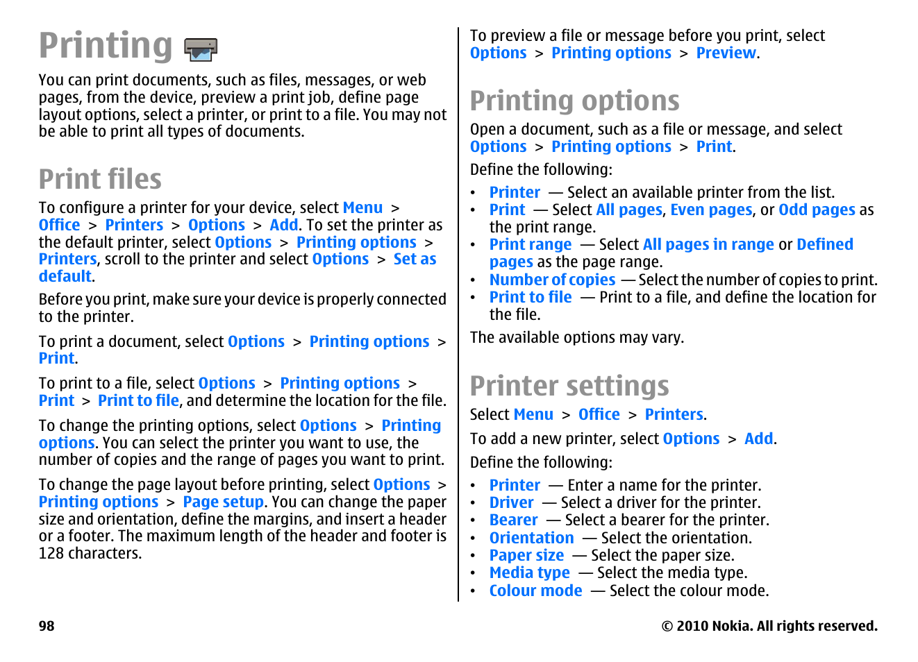 Printing, Print files, Printing options | Printer settings | Nokia E66 User Manual | Page 98 / 150