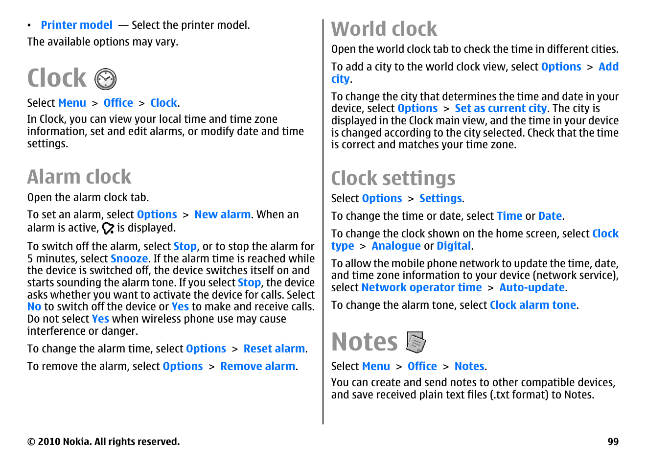 Clock, Alarm clock, World clock | Clock settings, Notes | Nokia E66 User Manual | Page 99 / 150