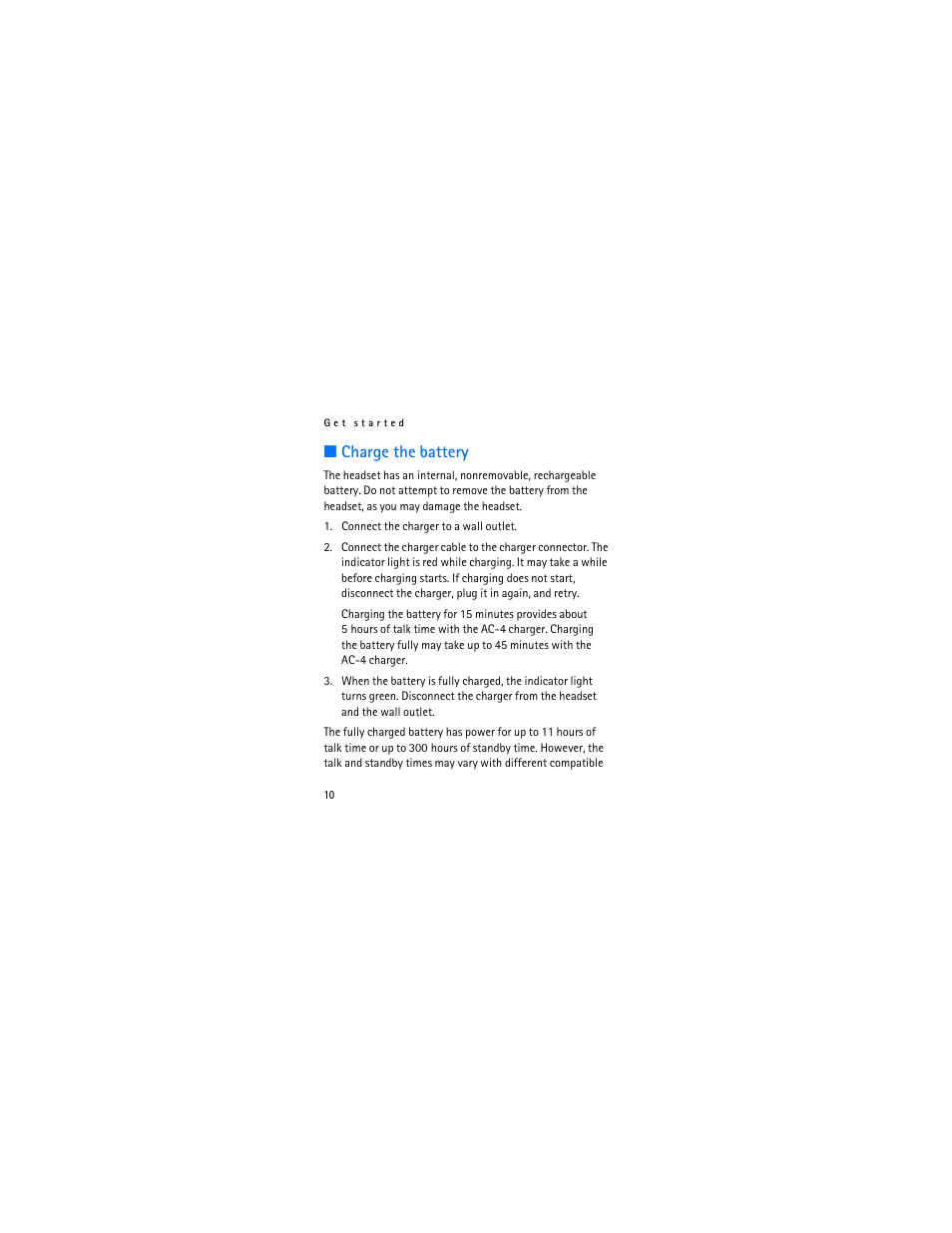 Charge the battery | Nokia Bluetooth Headset BH-602 User Manual | Page 10 / 25