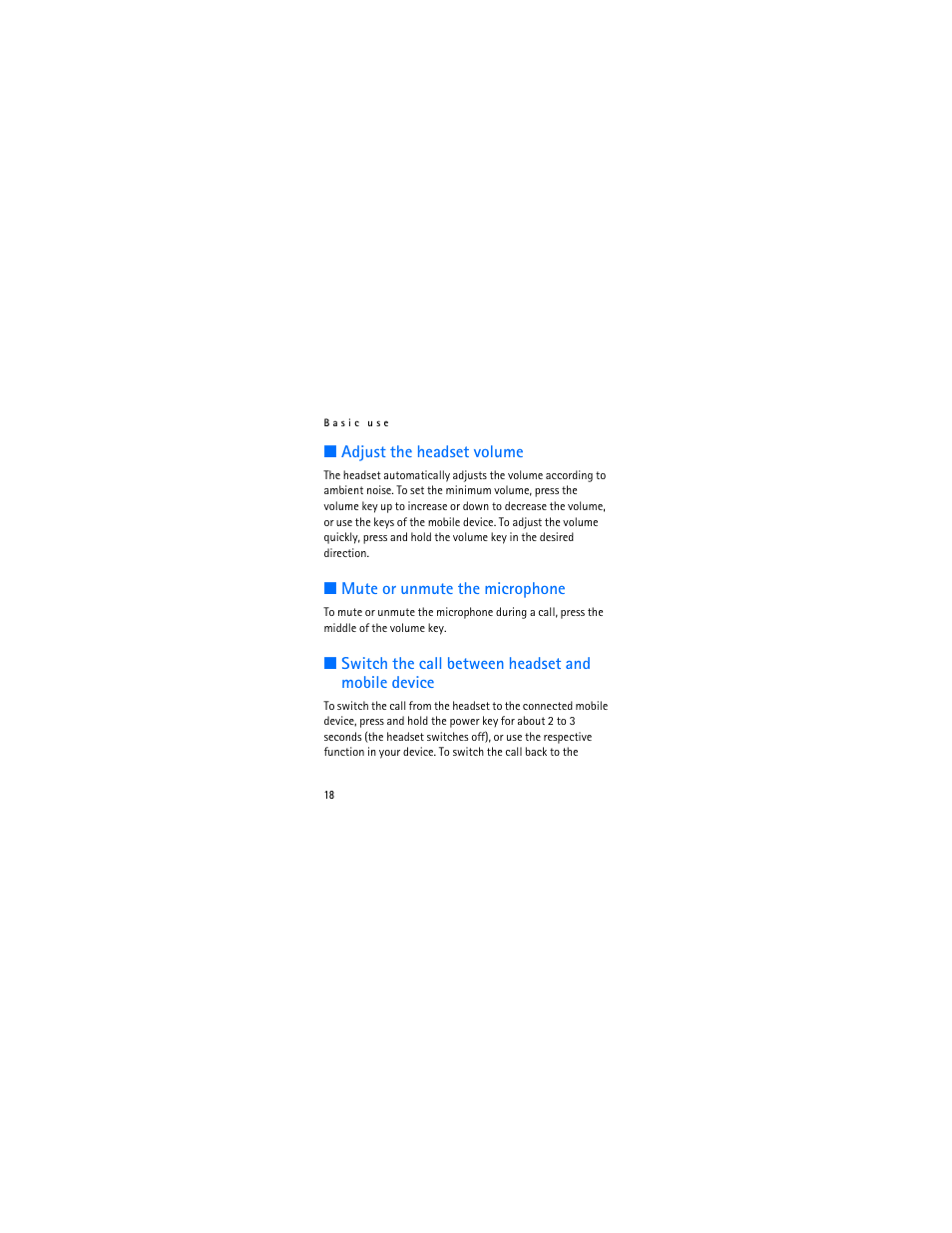 Adjust the headset volume, Mute or unmute the microphone, Switch the call between headset and mobile device | Nokia Bluetooth Headset BH-602 User Manual | Page 18 / 25