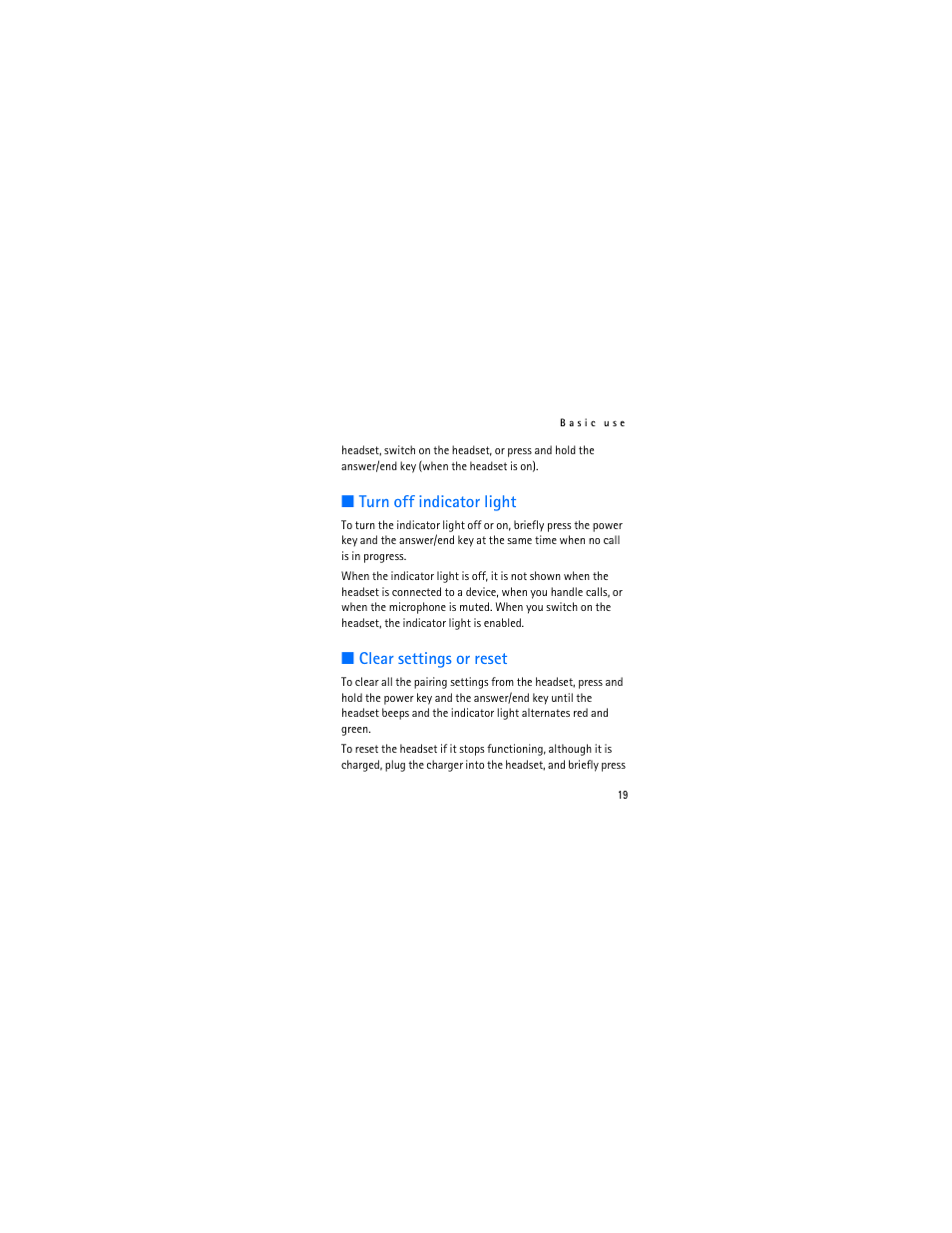 Turn off indicator light, Clear settings or reset, Turn off indicator light clear settings or reset | Nokia Bluetooth Headset BH-602 User Manual | Page 19 / 25