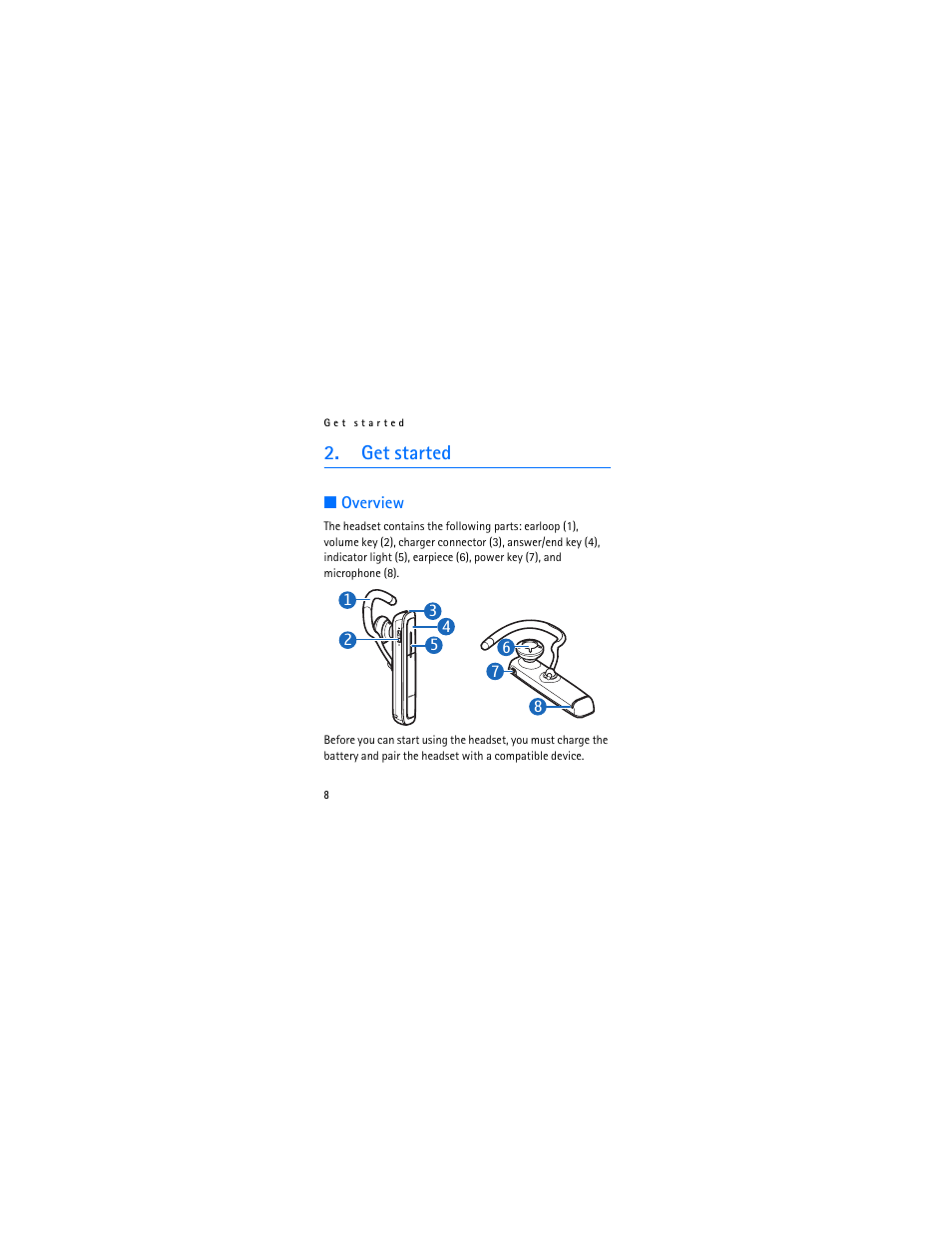 Get started, Overview | Nokia Bluetooth Headset BH-602 User Manual | Page 8 / 25