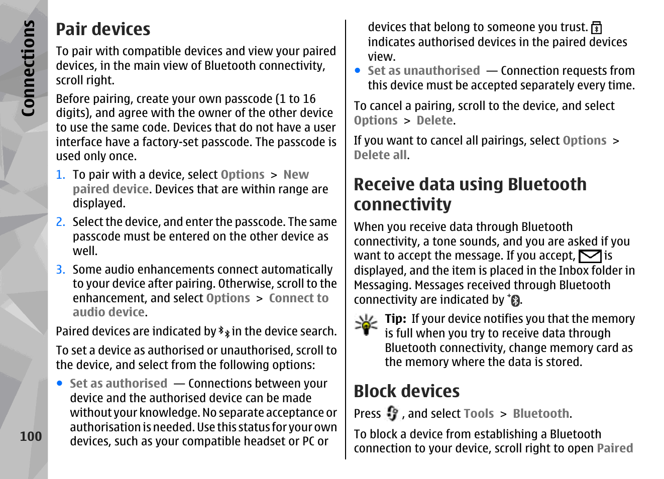 Pair devices, Receive data using bluetooth connectivity, Block devices | Con nectio ns | Nokia N78 User Manual | Page 100 / 368