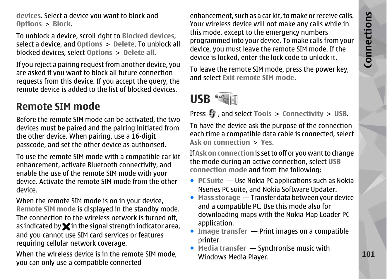 Remote sim mode, S printers and pcs, See "usb", p. 101 | Con nectio ns | Nokia N78 User Manual | Page 101 / 368