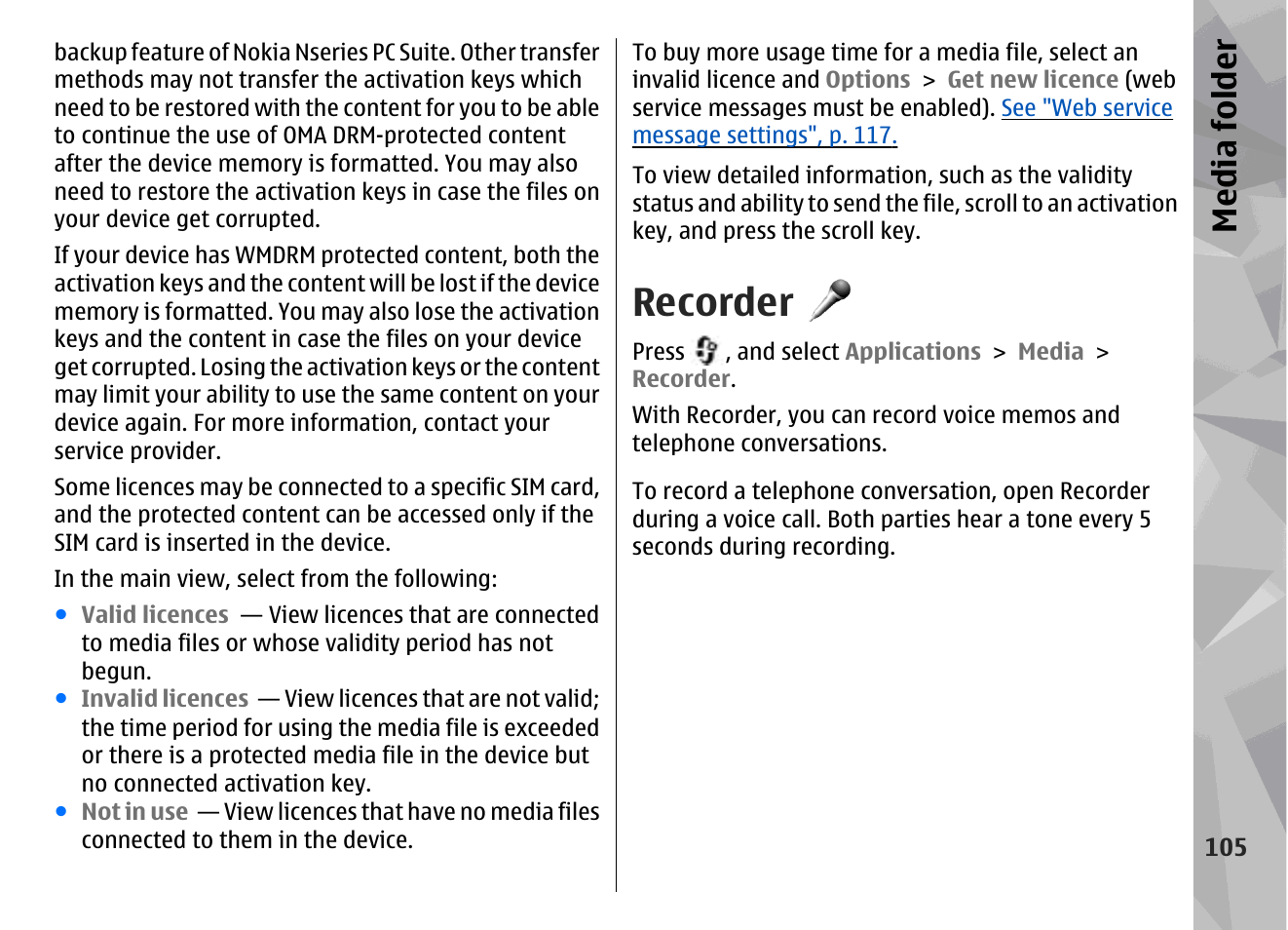 Recorder, Media fol der | Nokia N78 User Manual | Page 105 / 368