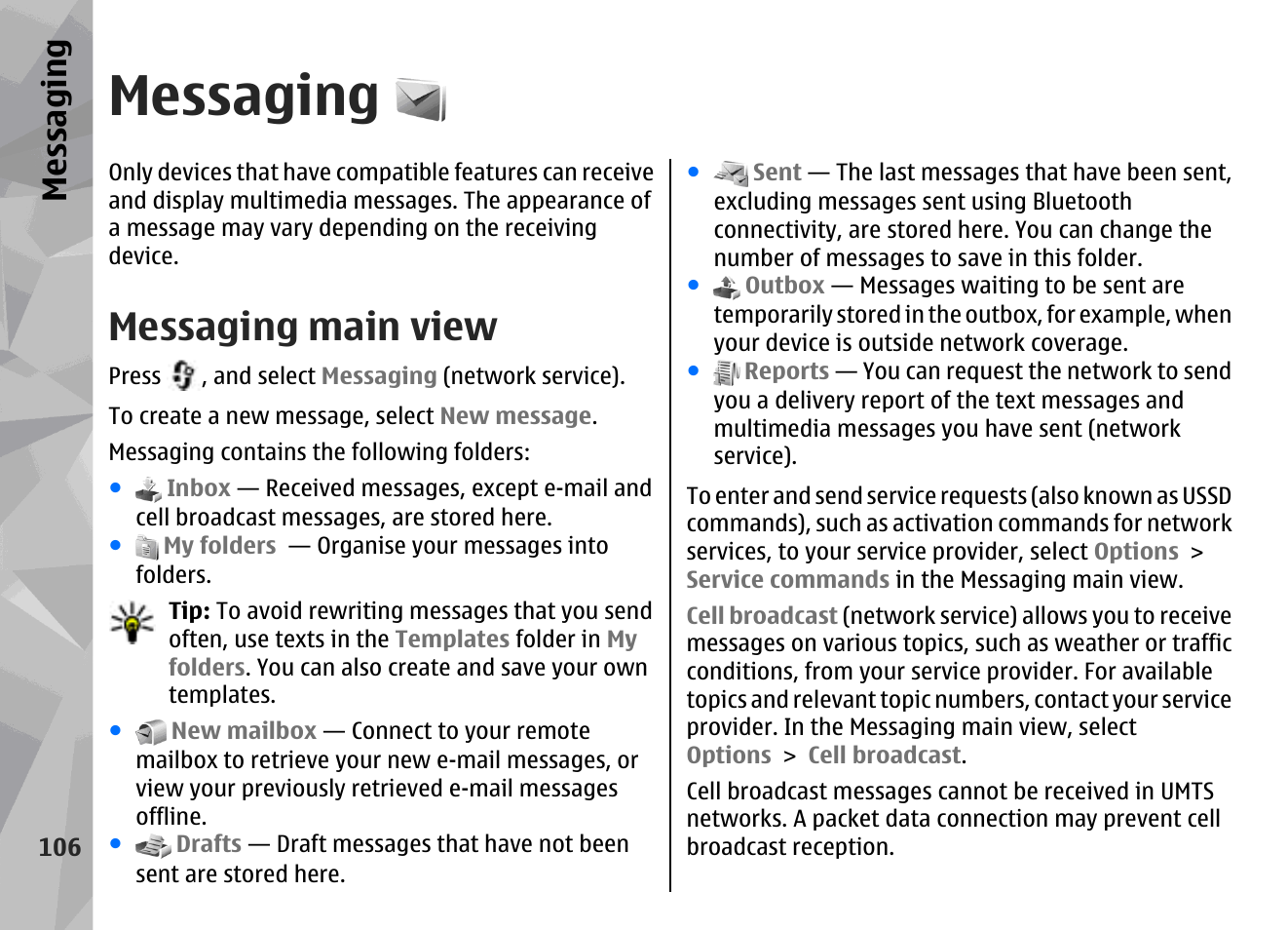 Messaging, Messaging main view | Nokia N78 User Manual | Page 106 / 368