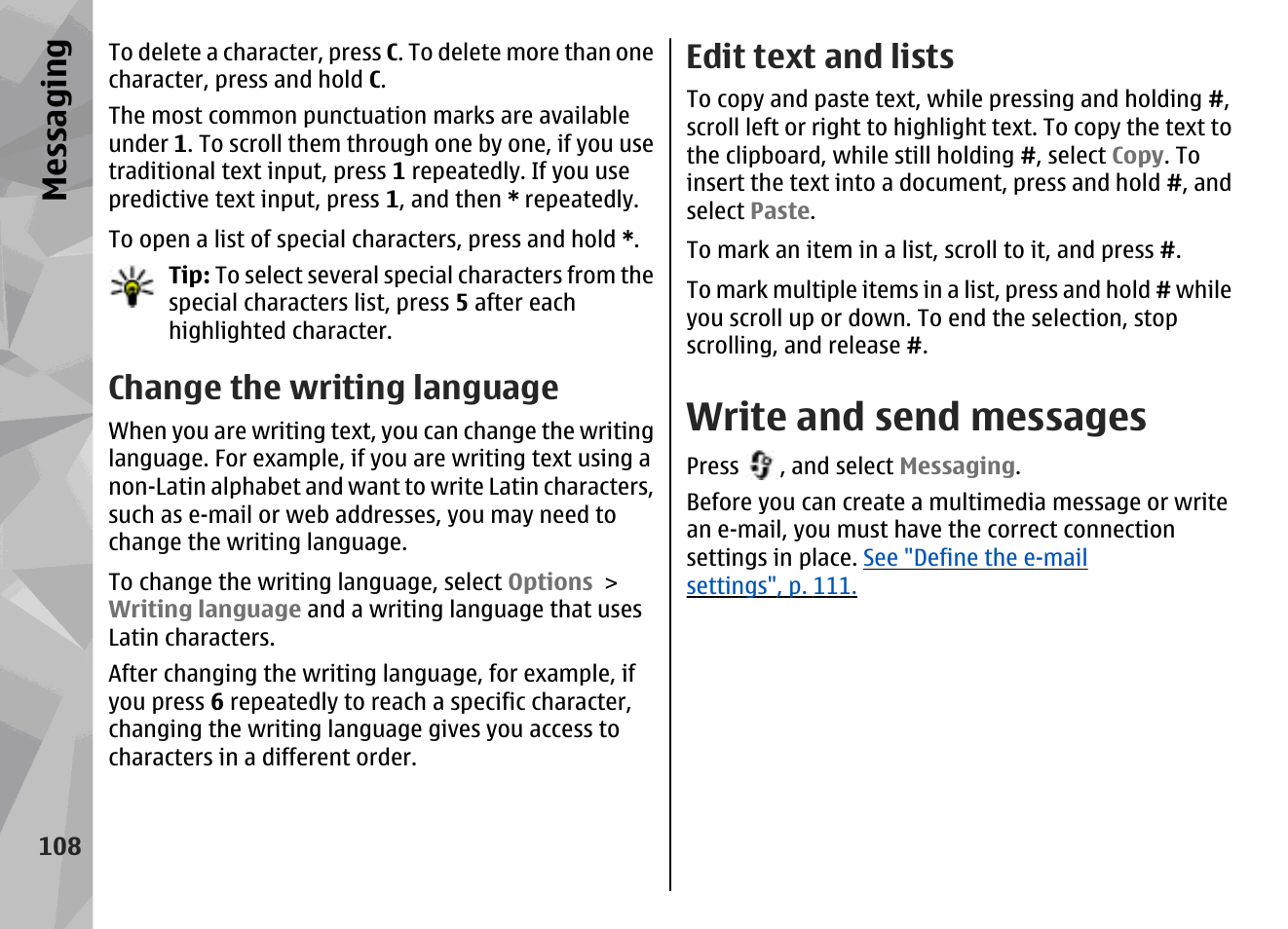Change the writing language, Edit text and lists, Write and send messages | See "write and send messages", p. 108, Messaging | Nokia N78 User Manual | Page 108 / 368