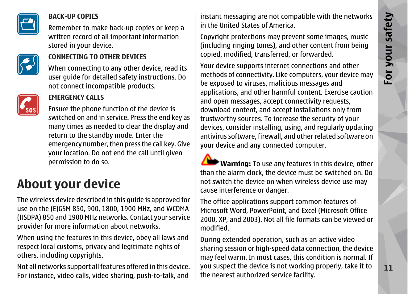 About your device, For yo ur sa fety | Nokia N78 User Manual | Page 11 / 368