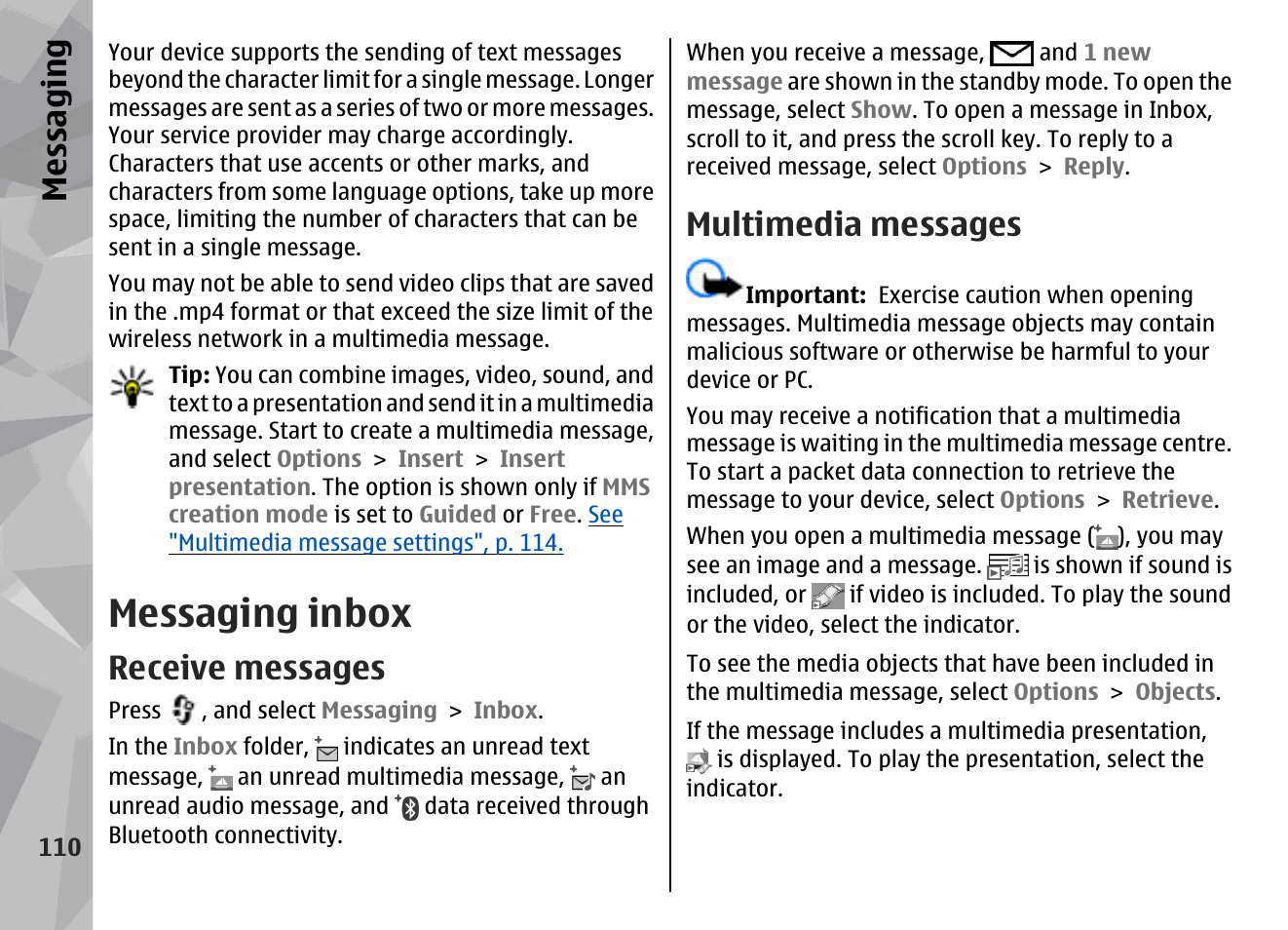 Messaging inbox, Receive messages, Multimedia messages | Messaging | Nokia N78 User Manual | Page 110 / 368