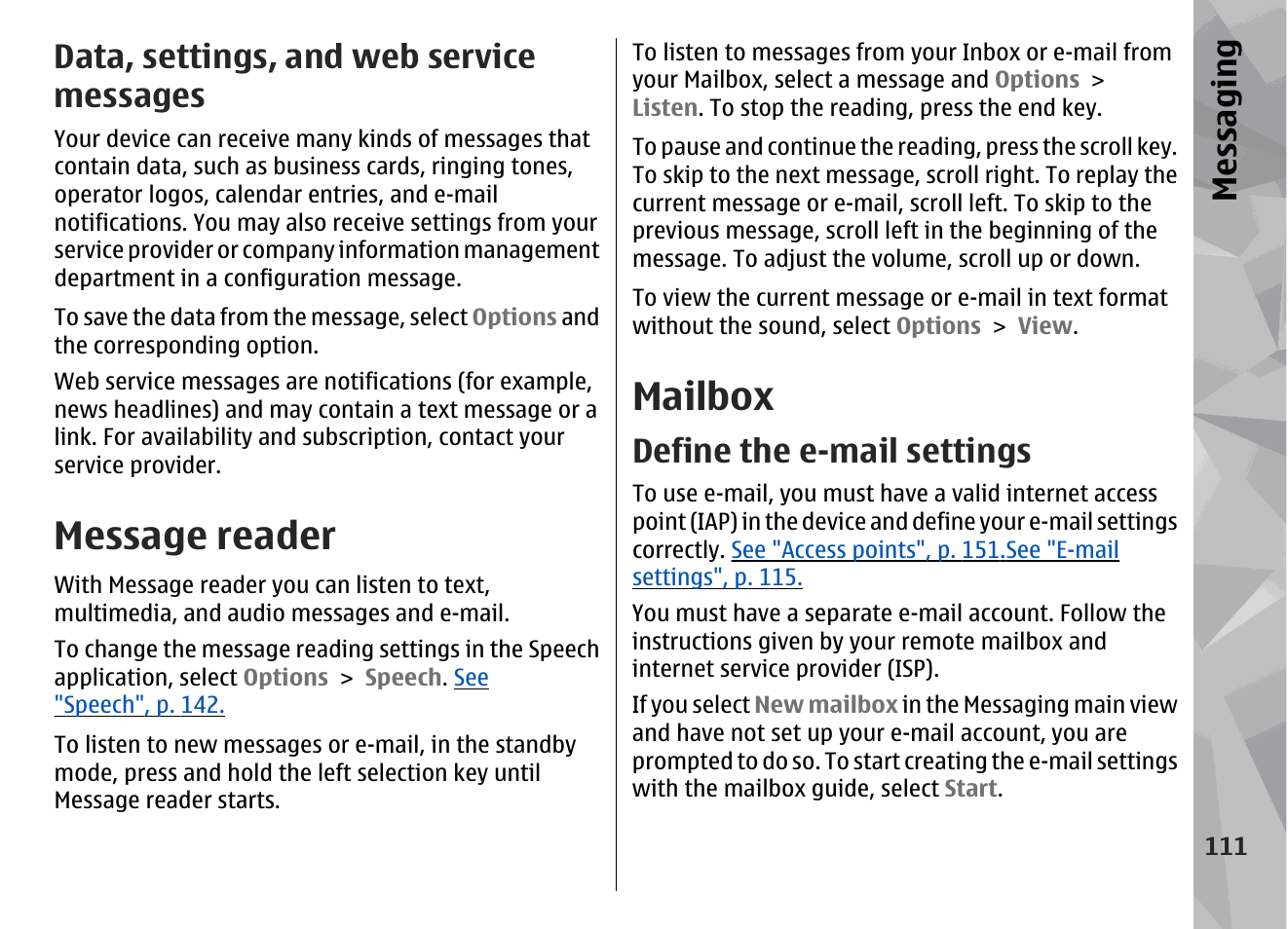 Data, settings, and web service messages, Message reader, Mailbox | Define the e-mail settings, Messaging | Nokia N78 User Manual | Page 111 / 368