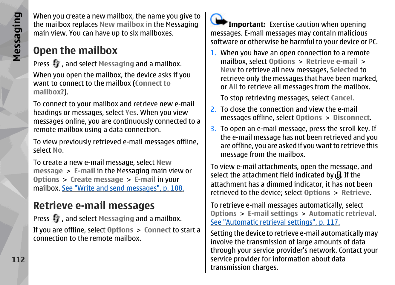 Open the mailbox, Retrieve e-mail messages, Messaging | Nokia N78 User Manual | Page 112 / 368