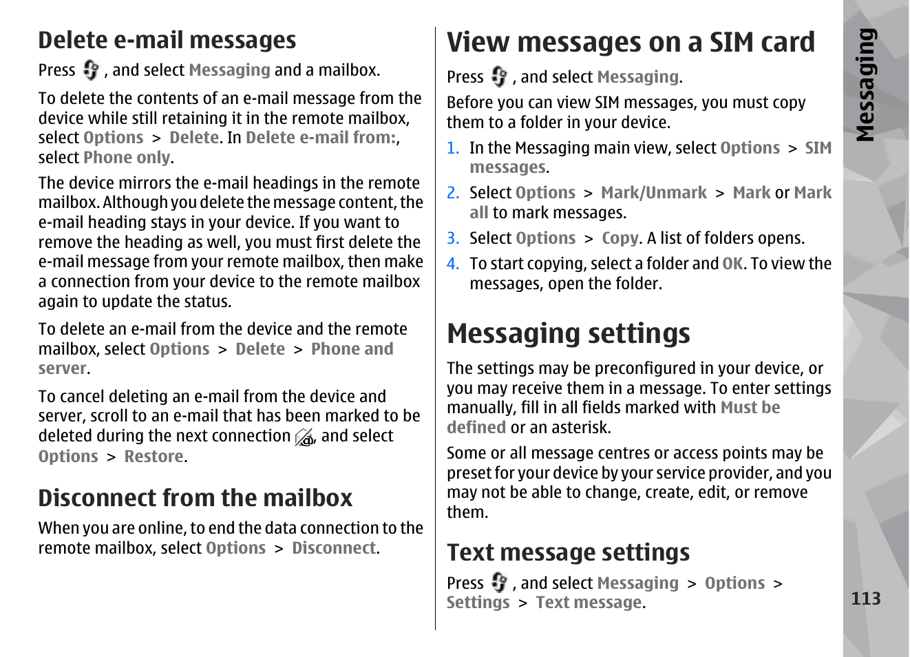 Delete e-mail messages, Disconnect from the mailbox, View messages on a sim card | Messaging settings, Text message settings, Messaging | Nokia N78 User Manual | Page 113 / 368