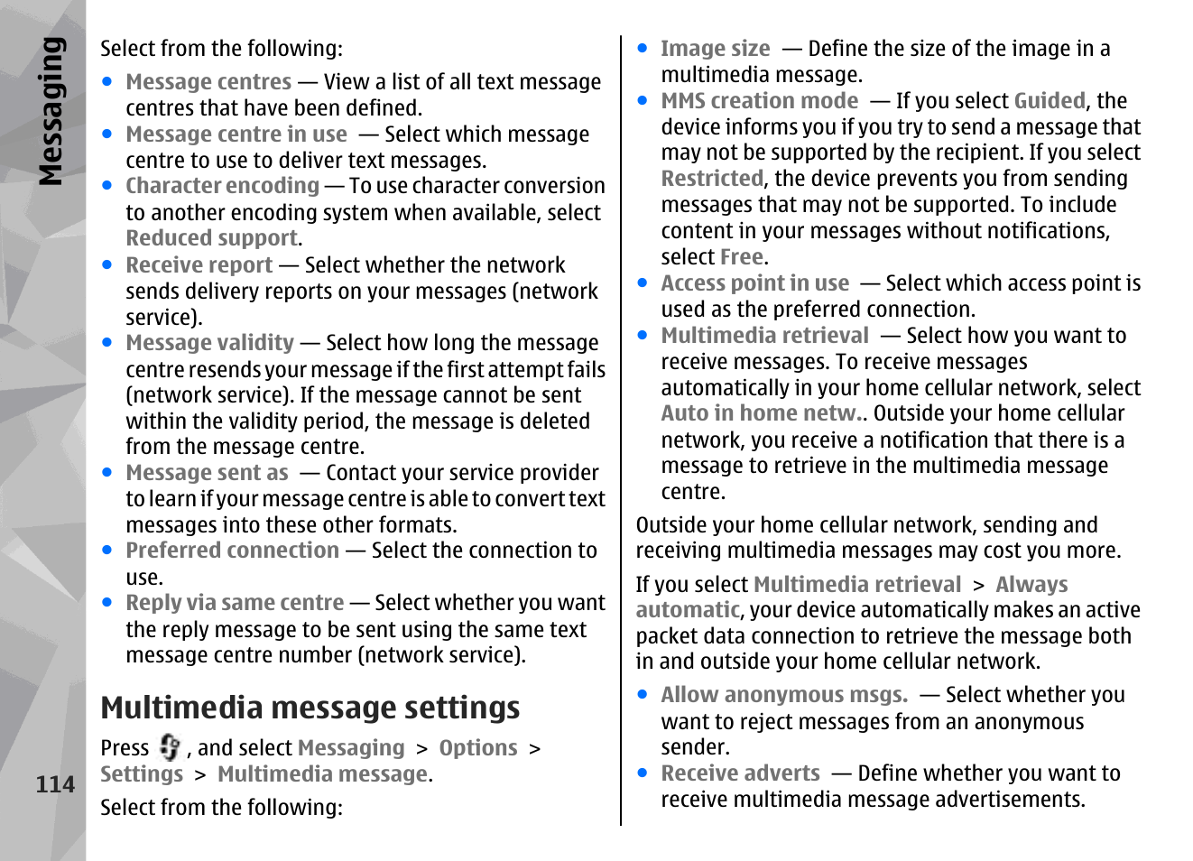 Multimedia message settings, Messaging | Nokia N78 User Manual | Page 114 / 368