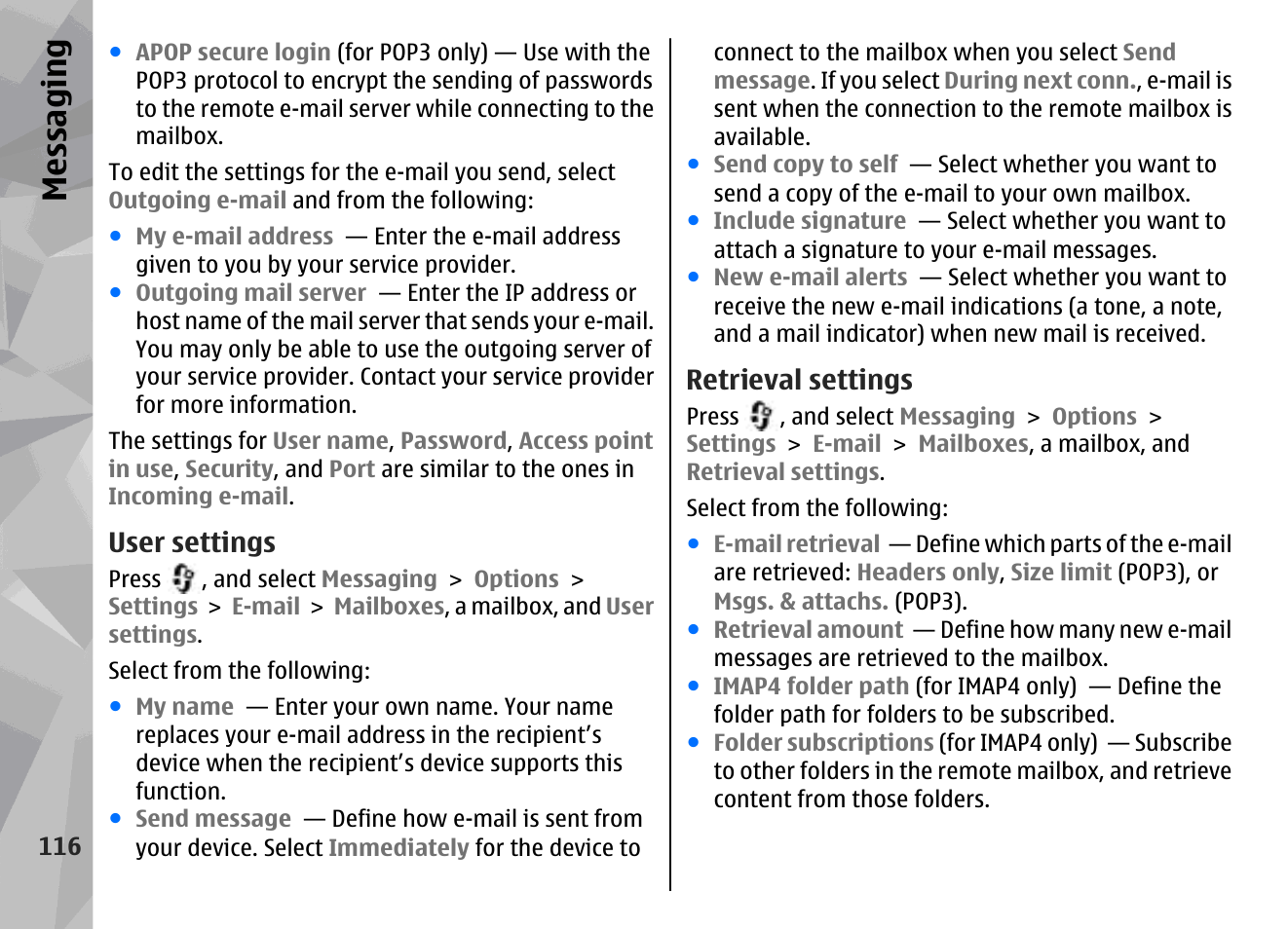 User settings, Retrieval settings, Messaging | Nokia N78 User Manual | Page 116 / 368