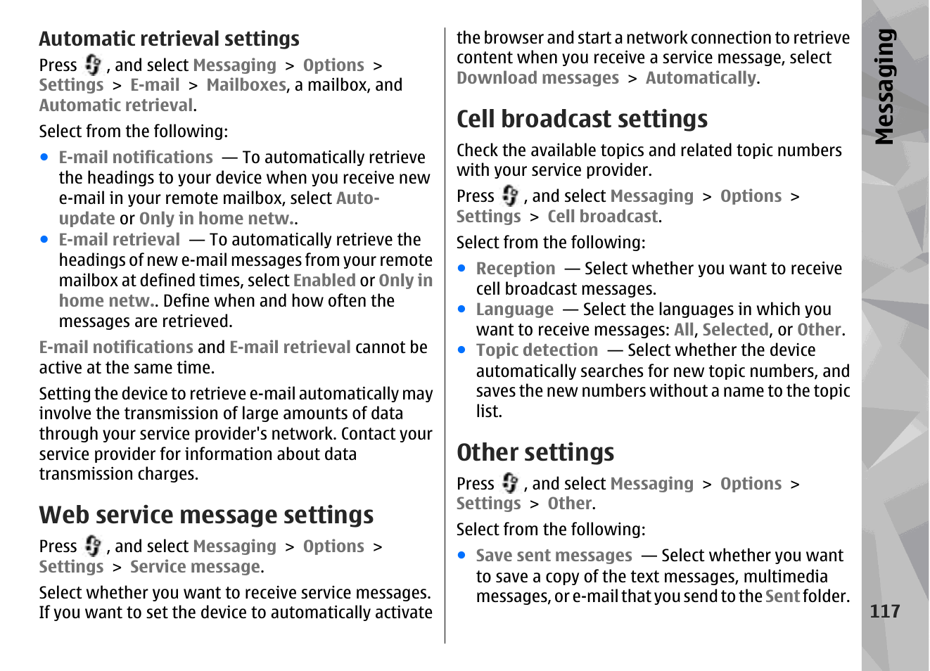Automatic retrieval settings, Web service message settings, Cell broadcast settings | Other settings, Messaging | Nokia N78 User Manual | Page 117 / 368