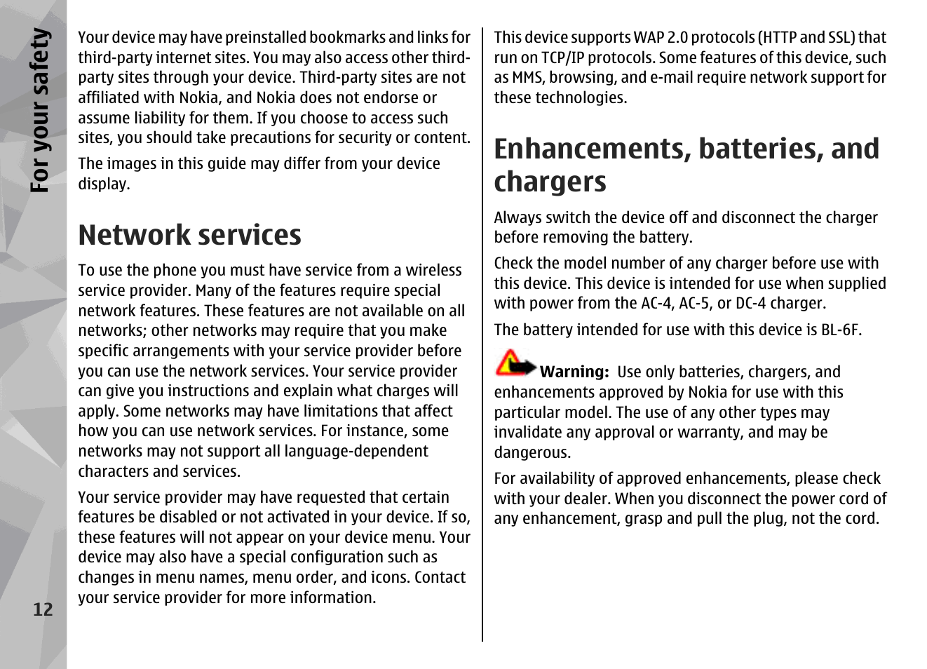 Network services, Enhancements, batteries, and chargers, For yo ur sa fety | Nokia N78 User Manual | Page 12 / 368