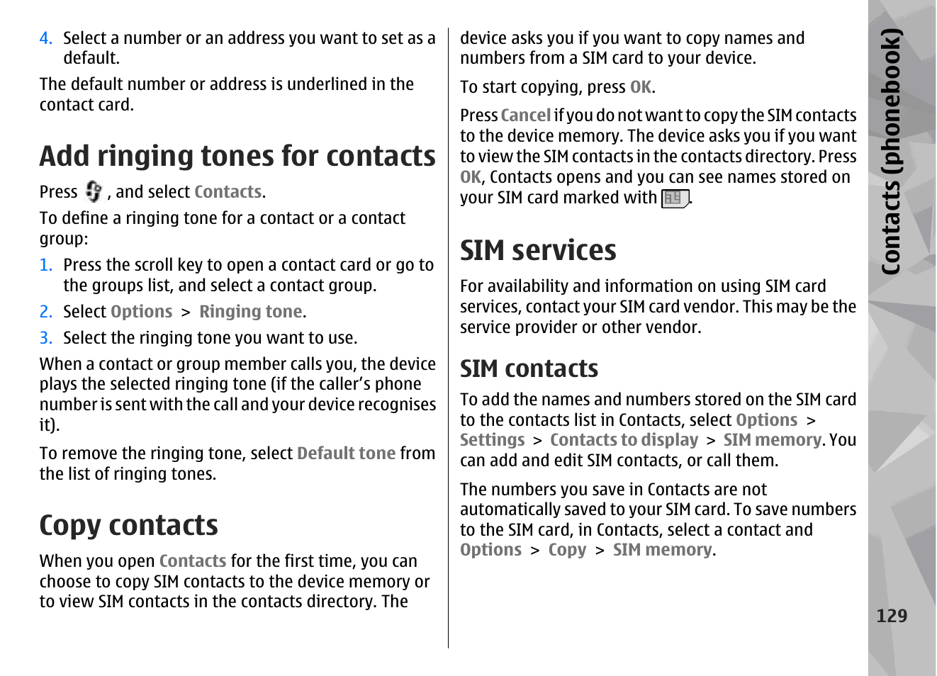 Add ringing tones for contacts, Copy contacts, Sim services | Sim contacts, Contacts (phone boo k) | Nokia N78 User Manual | Page 129 / 368
