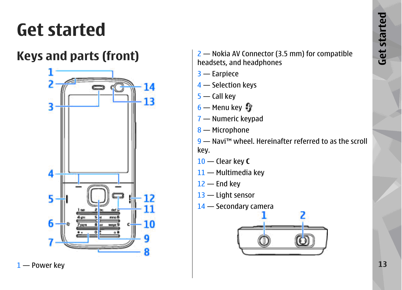 Get started, Keys and parts (front) | Nokia N78 User Manual | Page 13 / 368